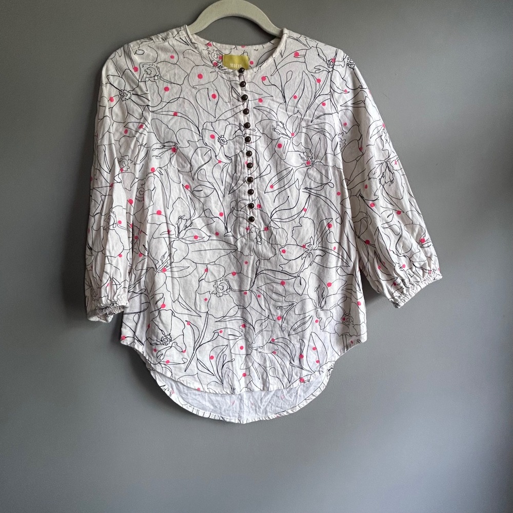 Maeve Anthropologie Floral Polka Dot Cotton Henley‎ Blouse White Pink XS